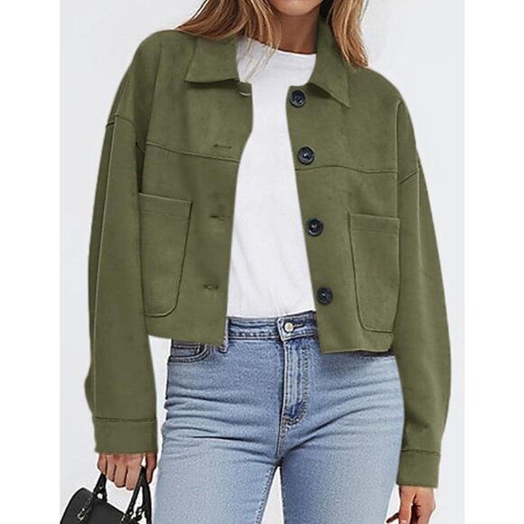 Women's Army Green Faux Suede Cropped Jacket Casual Lightweight Fall Fashion - Picture 2 of 5
